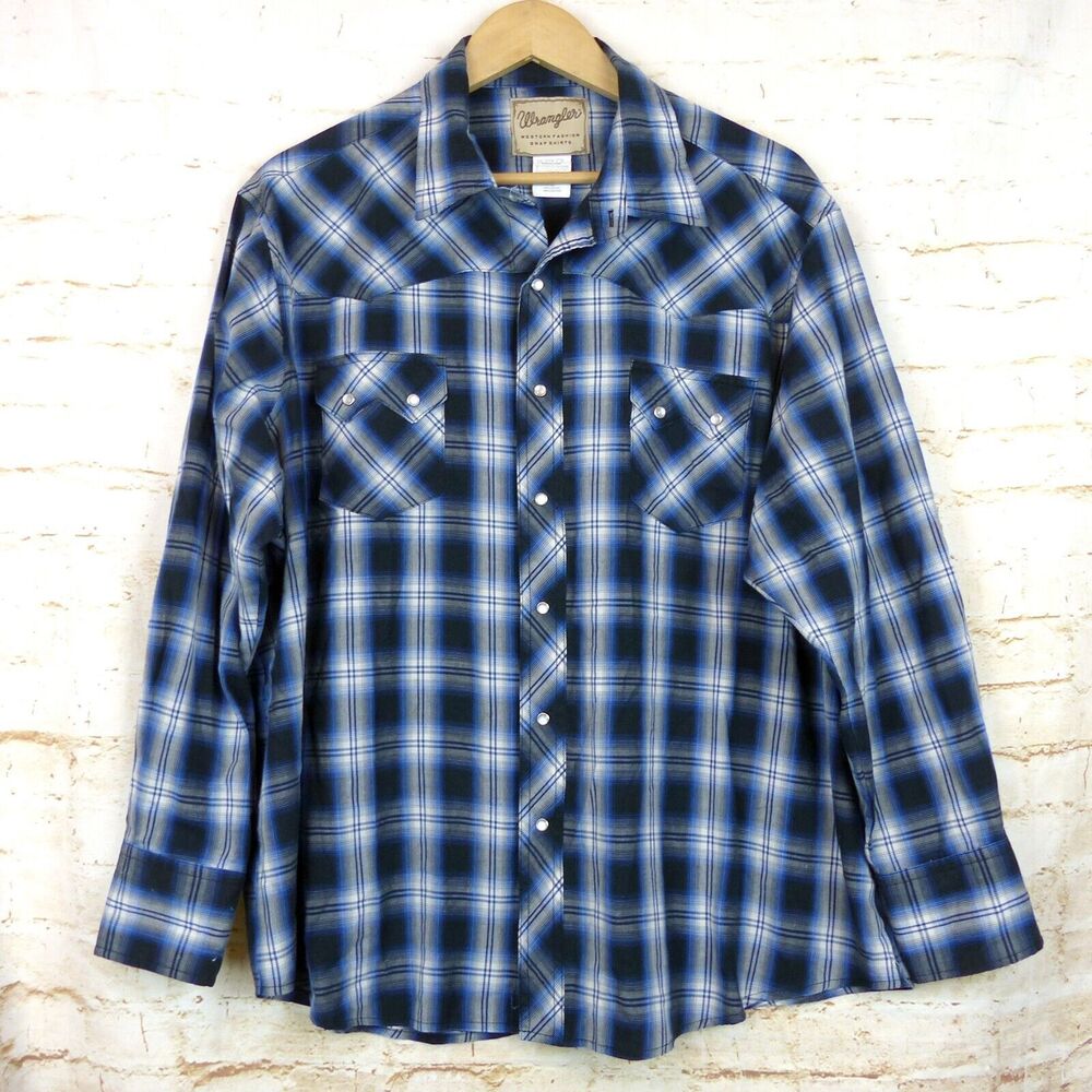 Wrangler Western Shirt Men 2XL Blue Plaid Sawtooth Pocket Pearl Snap Long Sleeve - Picture 2 of 12